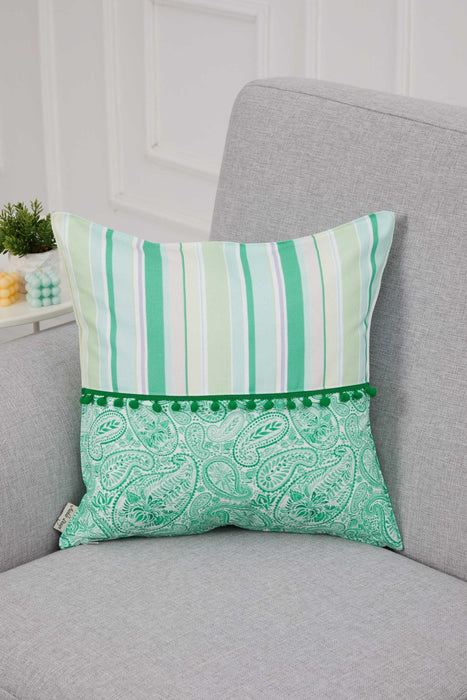 Spring-Inspired Throw Pillow Cover with Pom-Pom Trim, Handmade 18x18 Inches Paisley and Stripe Pillow Cover Design for Sofa and Couch,K-315 Suzani Pattern 46-48