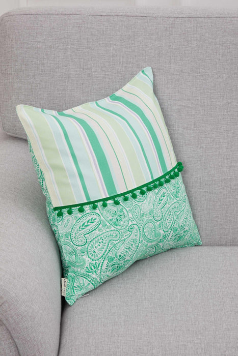 Spring-Inspired Throw Pillow Cover with Pom-Pom Trim, Handmade 18x18 Inches Paisley and Stripe Pillow Cover Design for Sofa and Couch,K-315 Suzani Pattern 46-48