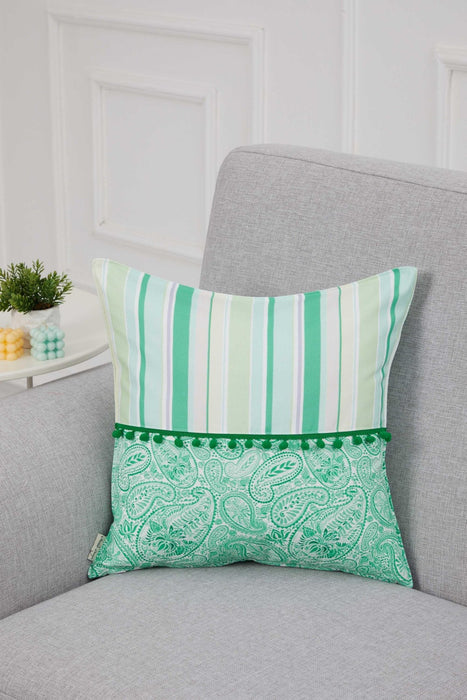 Spring-Inspired Throw Pillow Cover with Pom-Pom Trim, Handmade 18x18 Inches Paisley and Stripe Pillow Cover Design for Sofa and Couch,K-315 Suzani Pattern 46-48