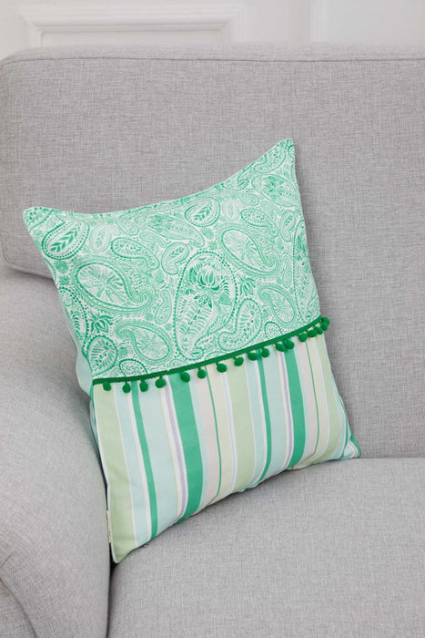 Spring-Inspired Throw Pillow Cover with Pom-Pom Trim, Handmade 18x18 Inches Paisley and Stripe Pillow Cover Design for Sofa and Couch,K-315 Suzani Pattern 48-46