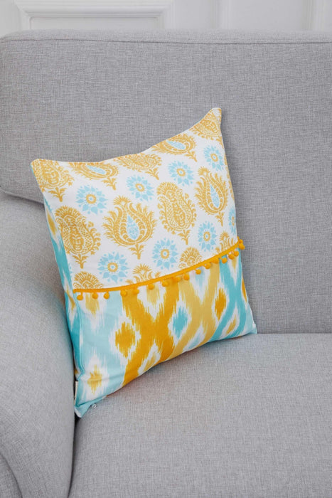 Spring-Inspired Throw Pillow Cover with Pom-Pom Trim, Handmade 18x18 Inches Paisley and Stripe Pillow Cover Design for Sofa and Couch,K-315 Suzani Pattern 58-61