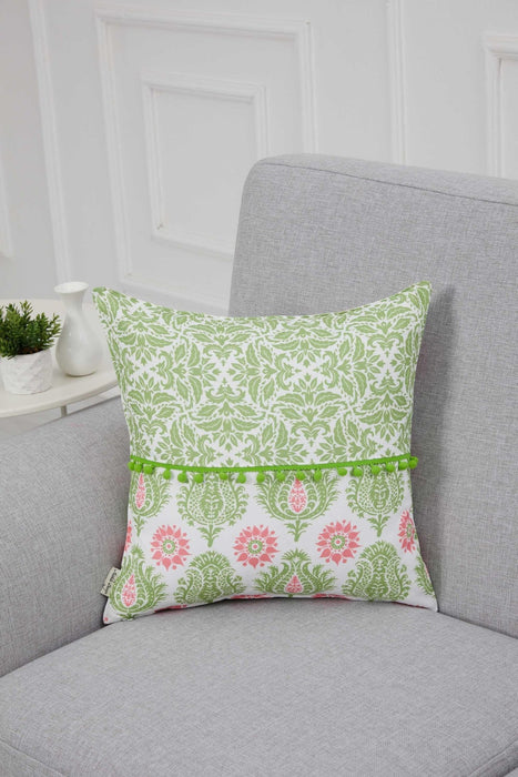 Spring-Inspired Throw Pillow Cover with Pom-Pom Trim, Handmade 18x18 Inches Paisley and Stripe Pillow Cover Design for Sofa and Couch,K-315 Suzani Pattern 79-80