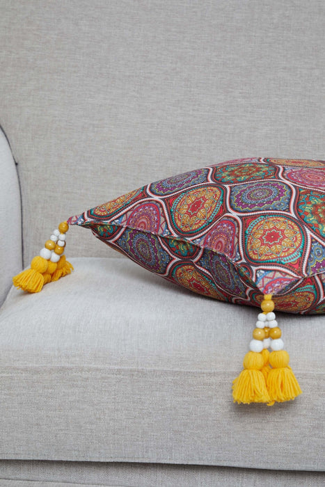 Bohemian Throw Pillow Cover with Anatolian Patterns and Yellow Tassels, 18x18 Inches Stylish Cushion Cover for Sofa and Couch,K-320 Suzani Pattern 115