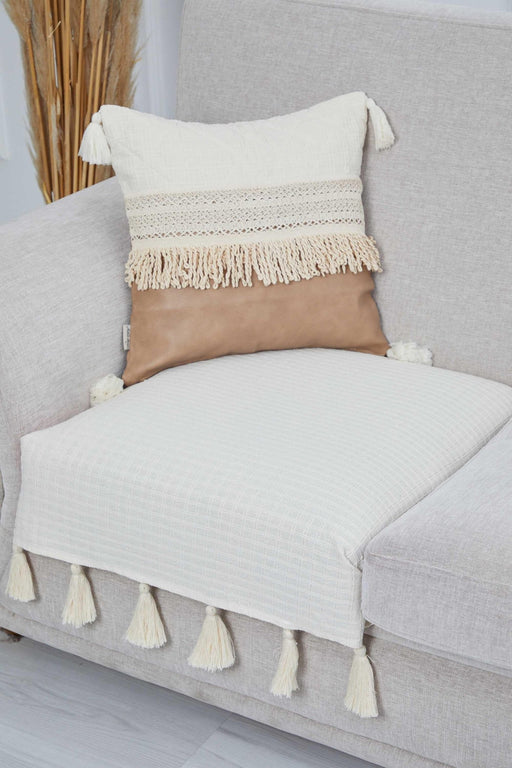 Textured Bohemian 1 Seater Sofa Slipcover with Elegant Tassels, Artisanal Single Seat Couch Protector in Luxe Upholstery Fabric,KO-21T Ivory