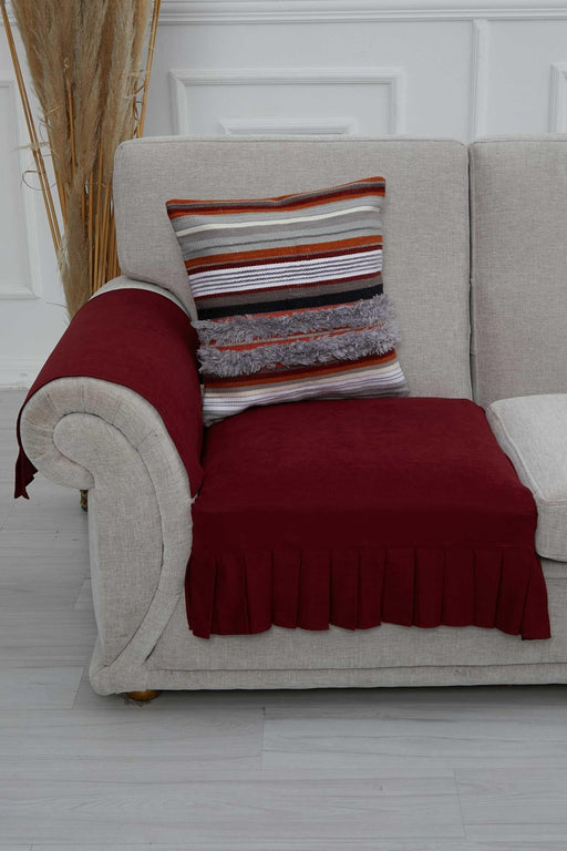 Pleated Reversible Knitted Polyester Decorative Armchair Shawl and Armrest Cover Set Furniture Protector Washable Cover,KTK-7 Maroon