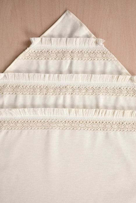 Elegant Cream Table Runner with Vintage Lace Trim and Fringes, 36x12 Inches Classic Ivory Colour Linen Tablecloth Runner,R-45K Ivory