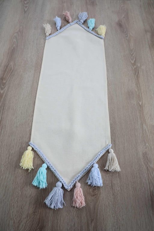 Knit Fabric Table Runner with Handmade Colorful Big Tassels 16 x 55 inches Machine Washable Table Cloth for Home Kitchen Decoration,R-48B Ivory - Blue