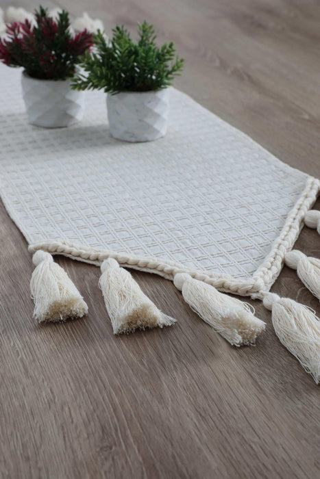 Knit Fabric Cotton Table Runner with Handmade Big Tassels 16 x 55 inches Machine Washable Fringed Handicraft Table Cloth,R-50B Ivory