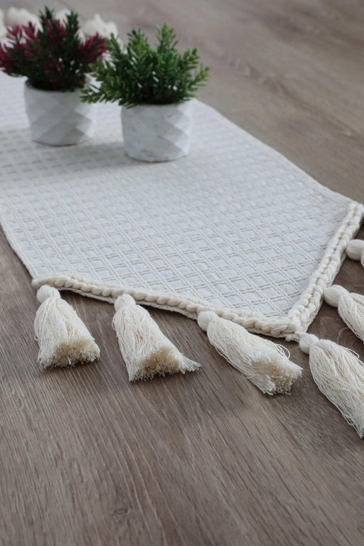 Knit Fabric Cotton Table Runner with Handmade Big Tassels 16 x 55 inches Machine Washable Fringed Handicraft Table Cloth,R-50B Ivory