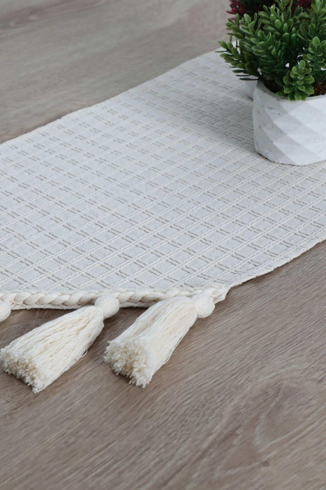 Knit Fabric Cotton Table Runner with Handmade Big Tassels 16 x 55 inches Machine Washable Fringed Handicraft Table Cloth,R-50B Ivory