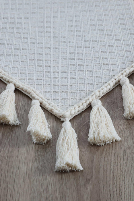 Knit Fabric Cotton Table Runner with Handmade Big Tassels 16 x 55 inches Machine Washable Fringed Handicraft Table Cloth,R-50B Ivory