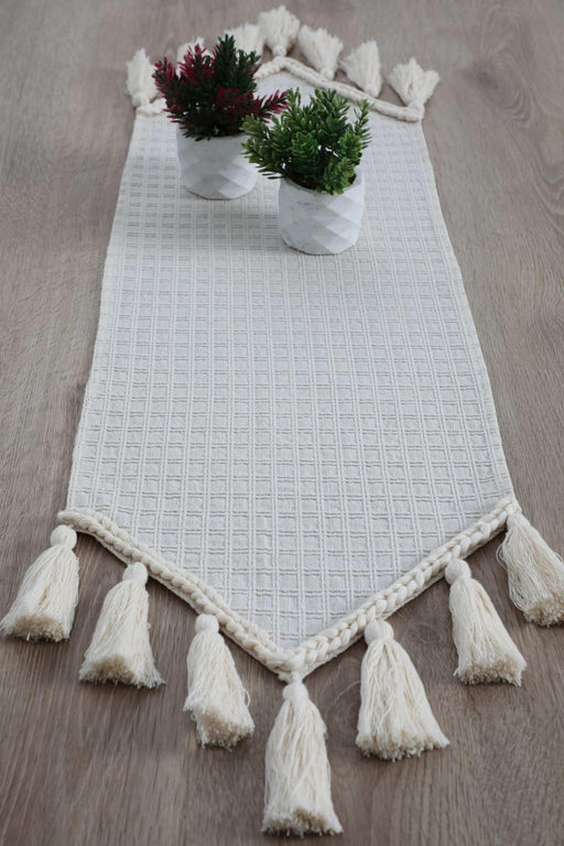 Knit Fabric Table Runner with Handmade Colorful Big Tassels 16 x 48 inches Machine Washable Table Cloth for Home Kitchen Decoration,R-50O Ivory