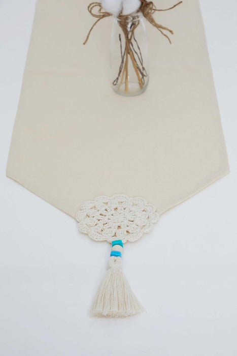 Table Runner with Handmade Embroidery and Tassels 16 x 55 inches (40 x 140 cm) Handicraft Table Cloth for Home Kitchen Decorations Wedding, Everyday,R-53B Ivory