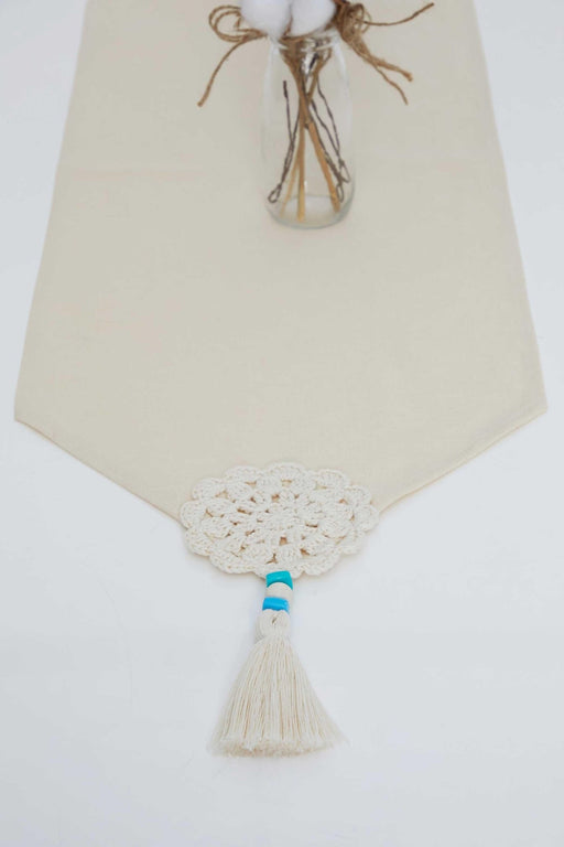 Table Runner with Handmade Embroidery and Tassels 16 x 55 inches (40 x 140 cm) Handicraft Table Cloth for Home Kitchen Decorations Wedding, Everyday,R-53B Ivory