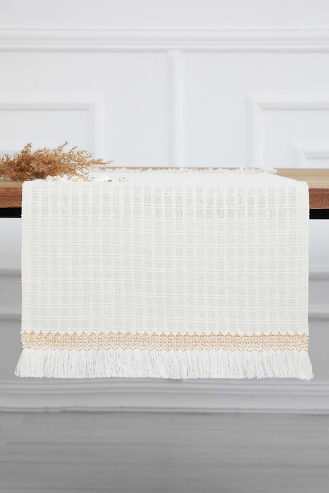 Natural Cotton Table Runner with Textured Weave and Tassel Trim, Handmade 36x16 Inches Chic Plain Table Runner, Modern Table Decoration,R-60 Ivory - Gold