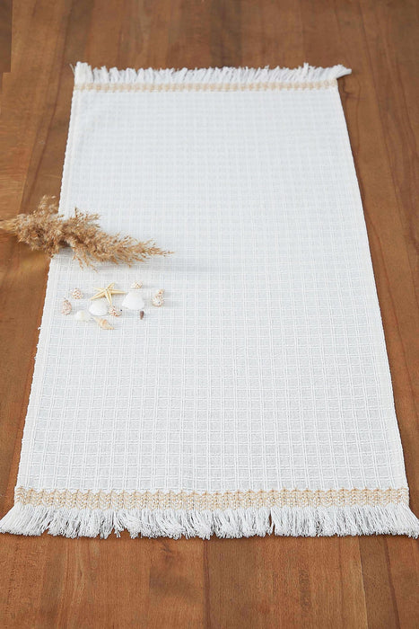 Natural Cotton Table Runner with Textured Weave and Tassel Trim, Handmade 36x16 Inches Chic Plain Table Runner, Modern Table Decoration,R-60 Ivory - Gold