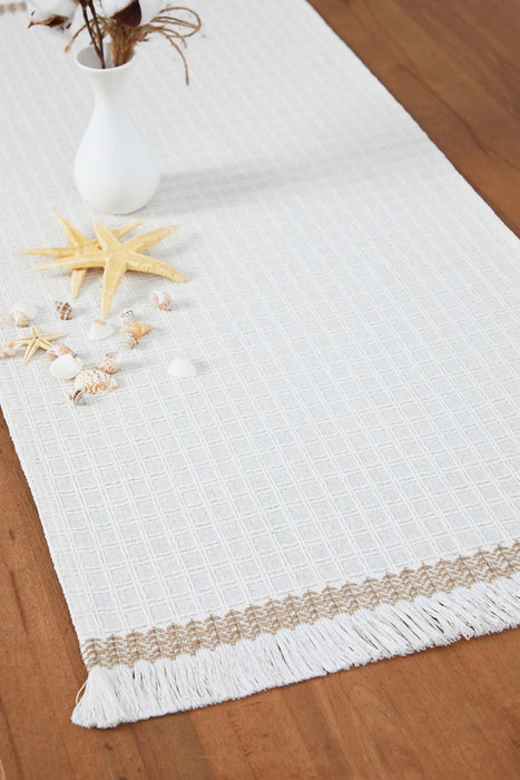 Natural Cotton Table Runner with Textured Weave and Tassel Trim, Handmade 36x16 Inches Chic Plain Table Runner, Modern Table Decoration,R-60 Ivory - Mink