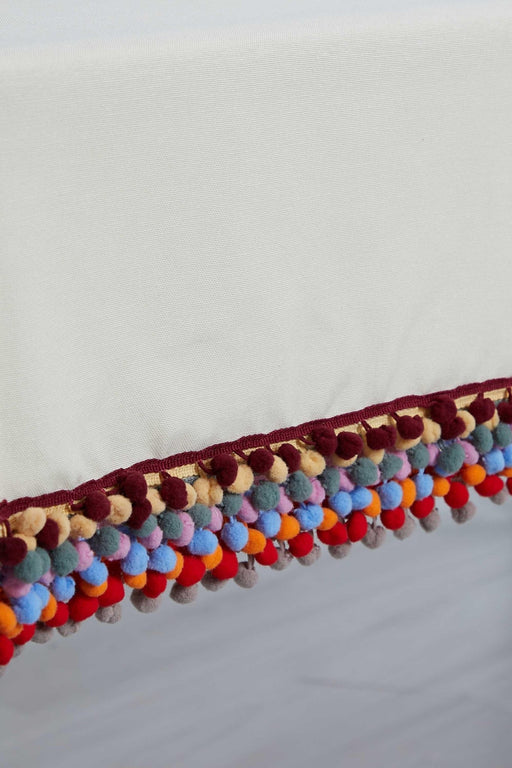 Bohemian Linen Table Runner with Colorful Pom-Pom Edging, Handmade Centerpiece Table Runner with Playful Pom-Poms for Kitchen Decors,R-61 Ivory - Red