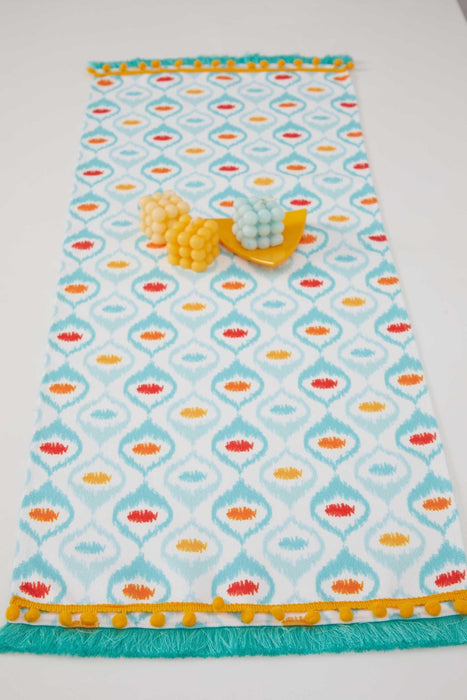 Printed Polyester Table Runner with Handmade Pom-poms 30 x 90 cm Handicraft Table Cloth for Dinner Table, Parties, Home Decoration,R-63K