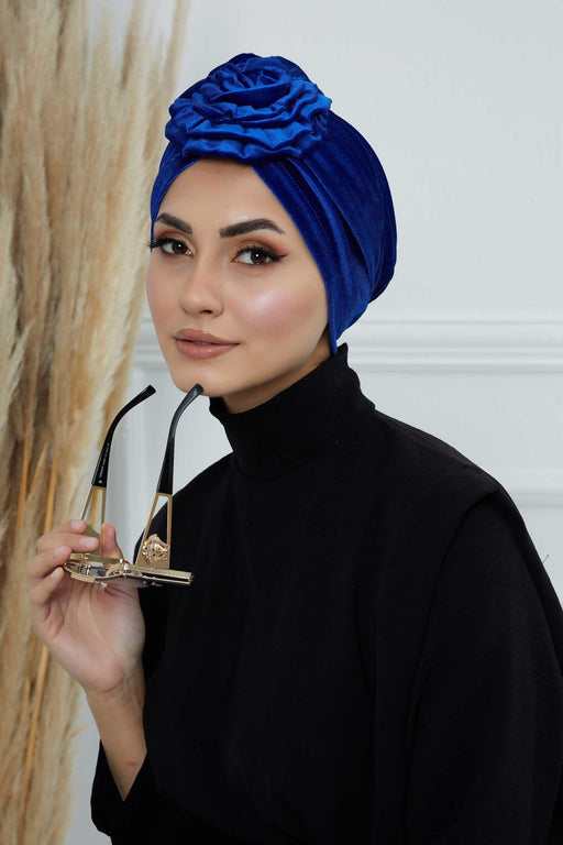 Velvet Instant Turban with a Gorgeous Rose Accent, Handmade Soft Touch Hijab Turban For Women, Stylish Chemo Headwear Bonnet Cap,B-21KD Sax Blue