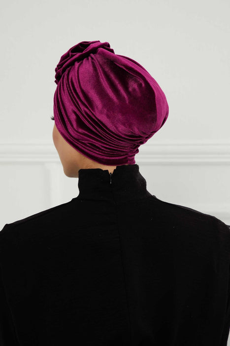 Velvet Instant Turban with a Gorgeous Rose Accent, Handmade Soft Touch Hijab Turban For Women, Stylish Chemo Headwear Bonnet Cap,B-21KD Purple