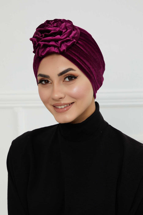 Velvet Instant Turban with a Gorgeous Rose Accent, Handmade Soft Touch Hijab Turban For Women, Stylish Chemo Headwear Bonnet Cap,B-21KD Purple