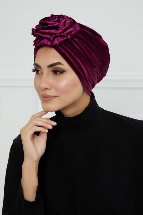 Velvet Instant Turban with a Gorgeous Rose Accent, Handmade Soft Touch Hijab Turban For Women, Stylish Chemo Headwear Bonnet Cap,B-21KD Purple