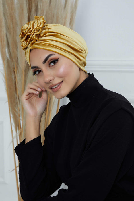 Velvet Instant Turban with a Gorgeous Rose Accent, Handmade Soft Touch Hijab Turban For Women, Stylish Chemo Headwear Bonnet Cap,B-21KD Mustard Yellow