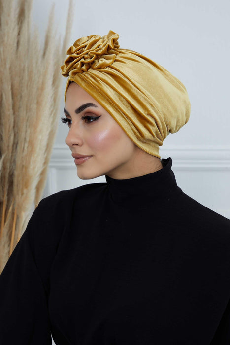 Velvet Instant Turban with a Gorgeous Rose Accent, Handmade Soft Touch Hijab Turban For Women, Stylish Chemo Headwear Bonnet Cap,B-21KD Mustard Yellow