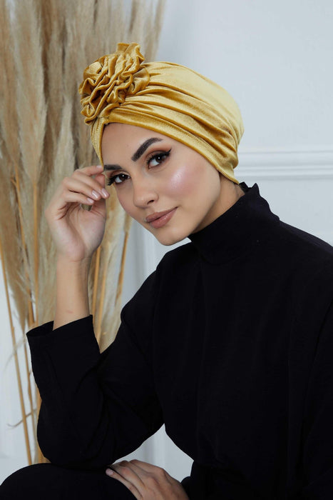 Velvet Instant Turban with a Gorgeous Rose Accent, Handmade Soft Touch Hijab Turban For Women, Stylish Chemo Headwear Bonnet Cap,B-21KD Mustard Yellow