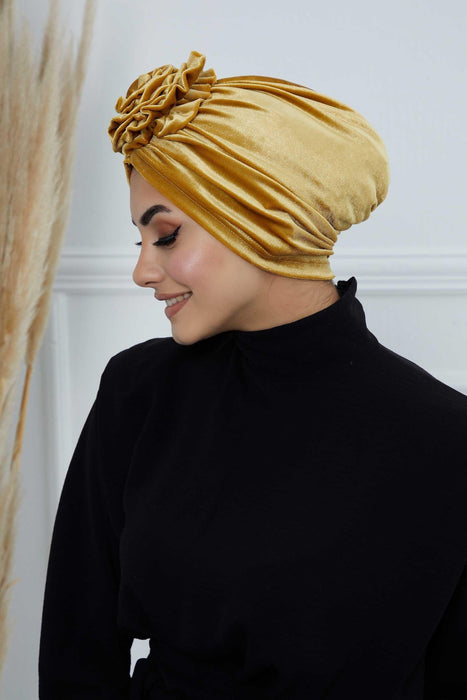 Velvet Instant Turban with a Gorgeous Rose Accent, Handmade Soft Touch Hijab Turban For Women, Stylish Chemo Headwear Bonnet Cap,B-21KD Mustard Yellow