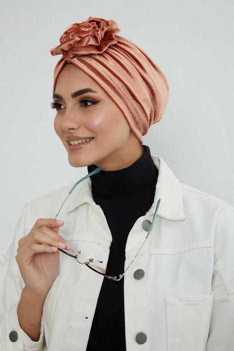 Velvet Instant Turban with a Gorgeous Rose Accent, Handmade Soft Touch Hijab Turban For Women, Stylish Chemo Headwear Bonnet Cap,B-21KD Salmon