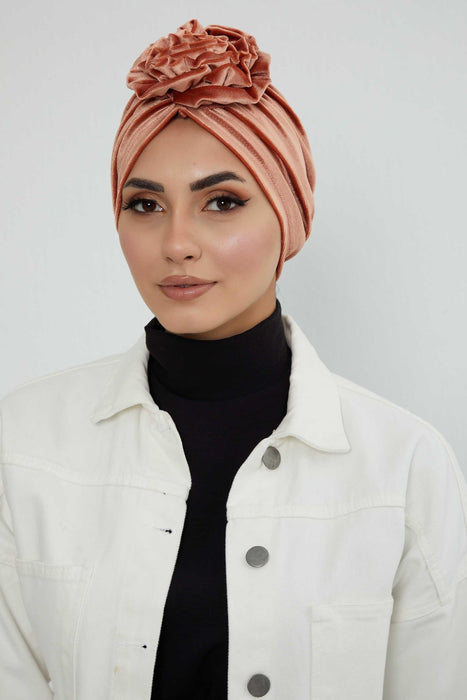 Velvet Instant Turban with a Gorgeous Rose Accent, Handmade Soft Touch Hijab Turban For Women, Stylish Chemo Headwear Bonnet Cap,B-21KD Salmon