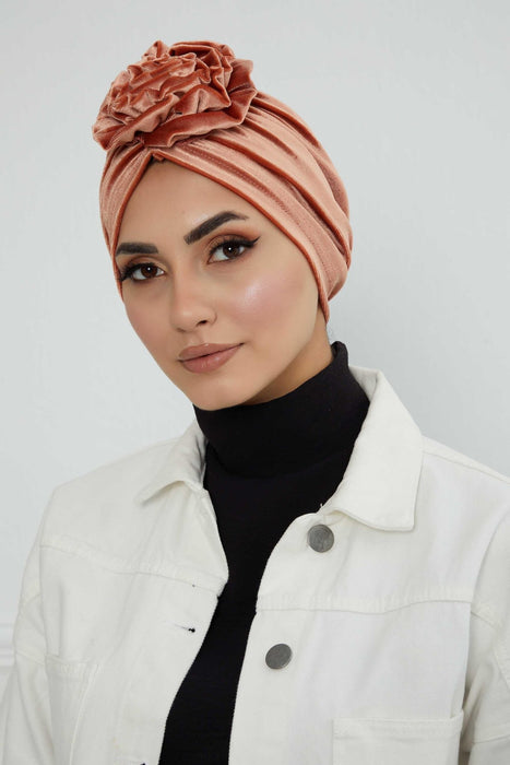 Velvet Instant Turban with a Gorgeous Rose Accent, Handmade Soft Touch Hijab Turban For Women, Stylish Chemo Headwear Bonnet Cap,B-21KD Salmon