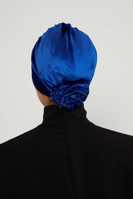 Velvet Elastic Instant Turban Bonnet Cap with Handmade Rose Detail at the Back Side, Soft Plain Color Velvet Pre-Tied Turban Hijab,B-53K Sax Blue