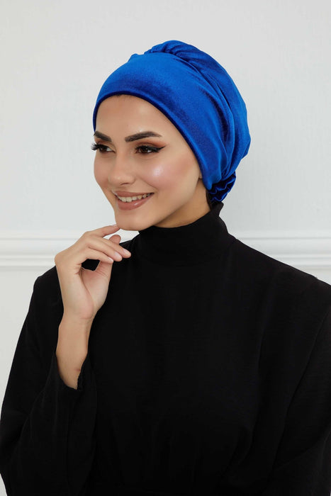 Velvet Elastic Instant Turban Bonnet Cap with Handmade Rose Detail at the Back Side, Soft Plain Color Velvet Pre-Tied Turban Hijab,B-53K Sax Blue