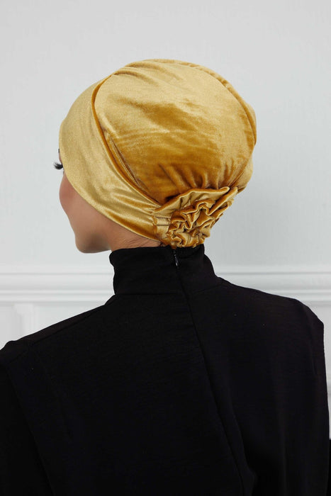 Velvet Elastic Instant Turban Bonnet Cap with Handmade Rose Detail at the Back Side, Soft Plain Color Velvet Pre-Tied Turban Hijab,B-53K Mustard Yellow