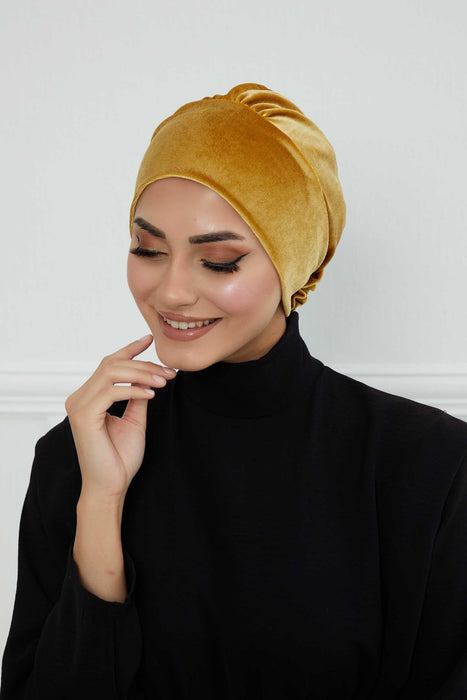 Velvet Elastic Instant Turban Bonnet Cap with Handmade Rose Detail at the Back Side, Soft Plain Color Velvet Pre-Tied Turban Hijab,B-53K Mustard Yellow