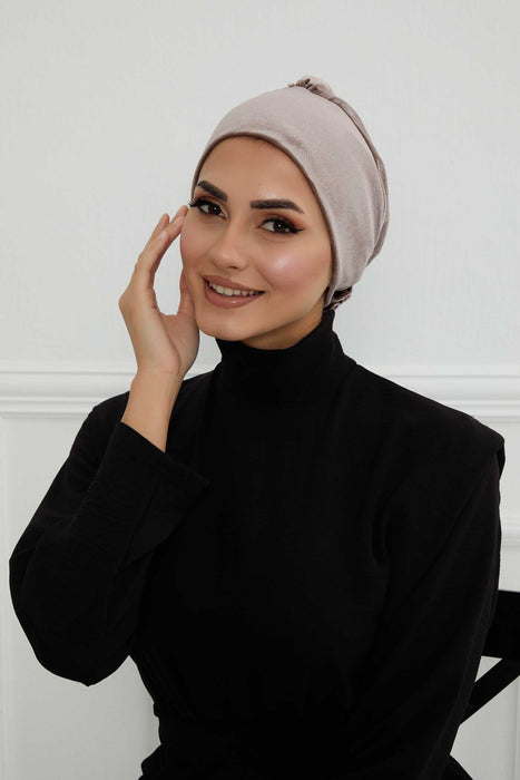 Velvet Elastic Instant Turban Bonnet Cap with Handmade Rose Detail at the Back Side, Soft Plain Color Velvet Pre-Tied Turban Hijab,B-53K Mink