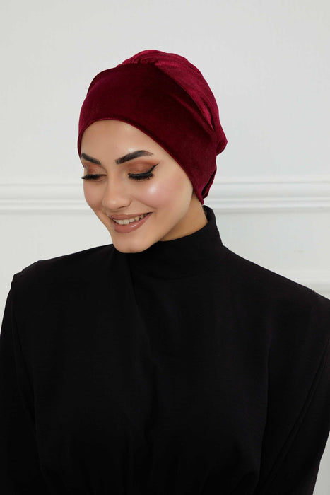 Velvet Elastic Instant Turban Bonnet Cap with Handmade Rose Detail at the Back Side, Soft Plain Color Velvet Pre-Tied Turban Hijab,B-53K Maroon