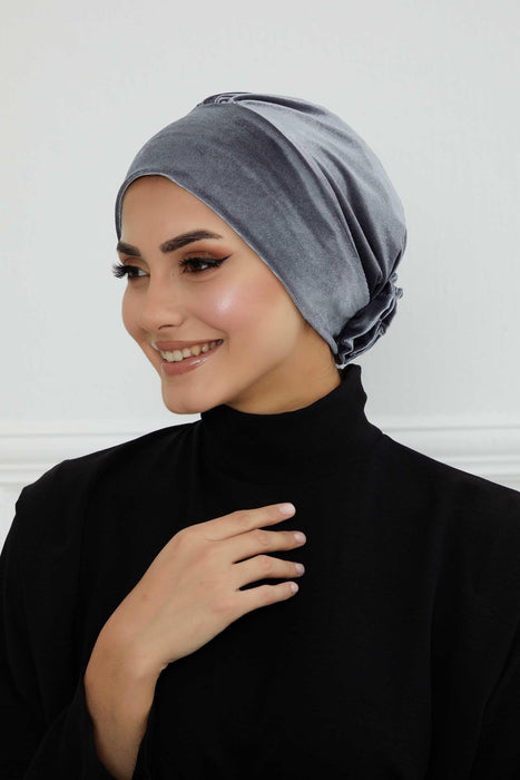 Velvet Elastic Instant Turban Bonnet Cap with Handmade Rose Detail at the Back Side, Soft Plain Color Velvet Pre-Tied Turban Hijab,B-53K Grey