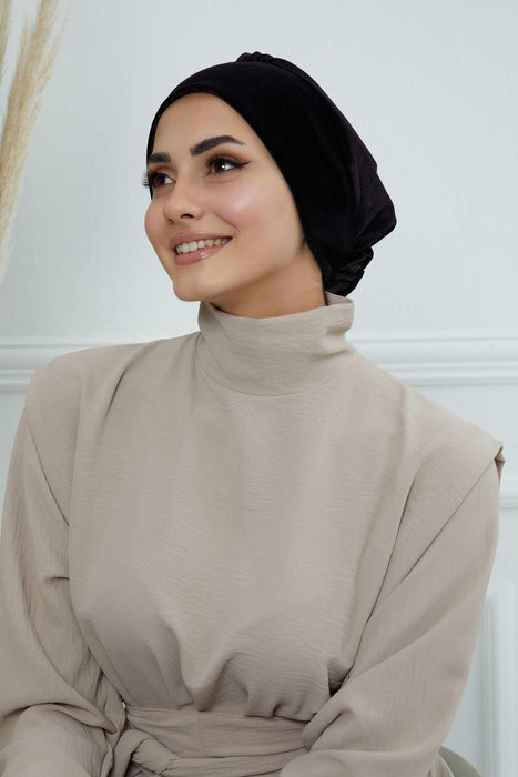 Velvet Elastic Instant Turban Bonnet Cap with Handmade Rose Detail at the Back Side, Soft Plain Color Velvet Pre-Tied Turban Hijab,B-53K Black