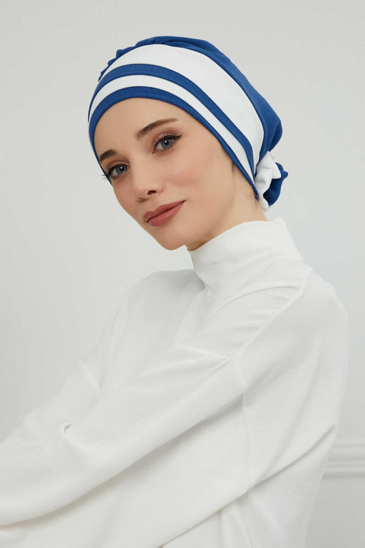 Stylish Double Colored Pre-tied Instant Turban For Women, Aerobin Fabric Floral Hijab Headscarf, Comfortable No Wrinkle Chemo Headwear,B-67 Blue-White