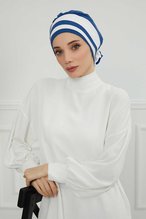 Stylish Double Colored Pre-tied Instant Turban For Women, Aerobin Fabric Floral Hijab Headscarf, Comfortable No Wrinkle Chemo Headwear,B-67 Blue-White