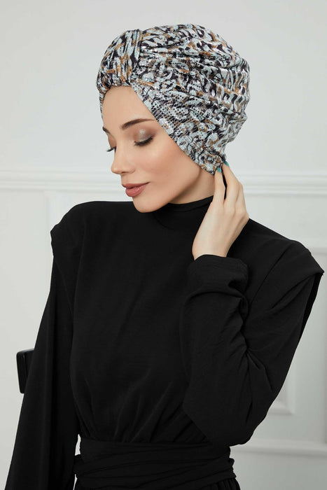 Fancy Instant Turban Head Wrap, Fashionable Sequined Silvery Grey-Brown Pre-Tied Turban Head Cover for Women, Chic Chemo Bonnet Cap,B-68B Silvery Grey-Brown