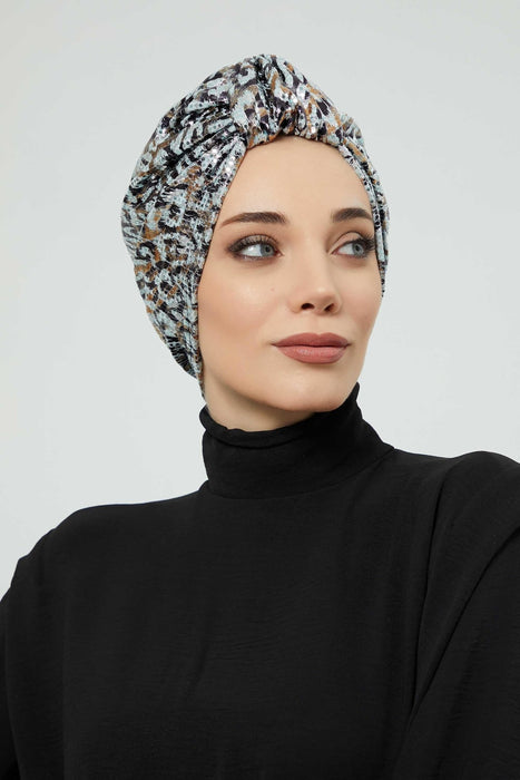 Fancy Instant Turban Head Wrap, Fashionable Sequined Silvery Grey-Brown Pre-Tied Turban Head Cover for Women, Chic Chemo Bonnet Cap,B-68B Silvery Grey-Brown