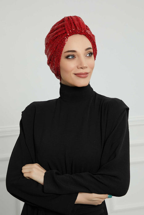 Belted Elegance Instant Turban for Women, Sparkling Handmade Pre-Tied Turban Head Cover, Shiny Fashion Hat, Sequined Chemo Bonnet Cap,B-68P Red