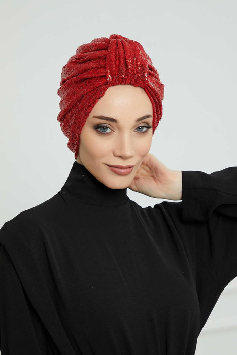 Belted Elegance Instant Turban for Women, Sparkling Handmade Pre-Tied Turban Head Cover, Shiny Fashion Hat, Sequined Chemo Bonnet Cap,B-68P Red