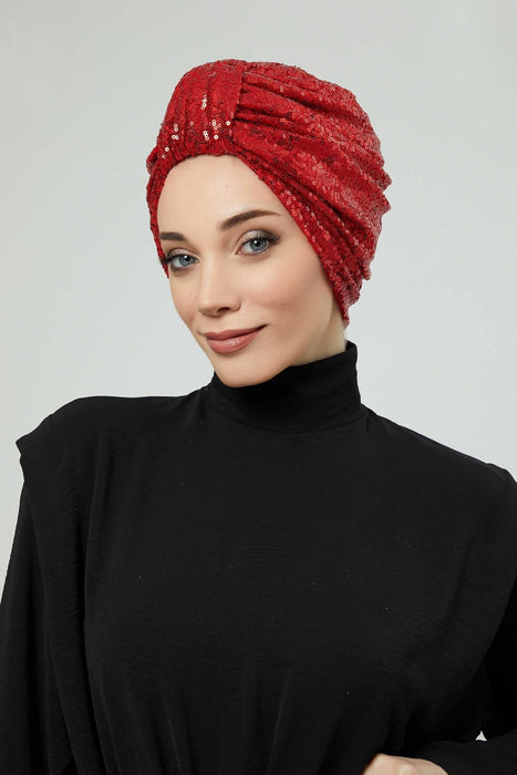 Belted Elegance Instant Turban for Women, Sparkling Handmade Pre-Tied Turban Head Cover, Shiny Fashion Hat, Sequined Chemo Bonnet Cap,B-68P Red