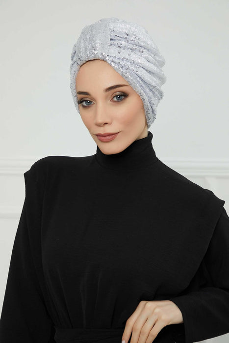 Belted Elegance Instant Turban for Women, Sparkling Handmade Pre-Tied Turban Head Cover, Shiny Fashion Hat, Sequined Chemo Bonnet Cap,B-68P Silver